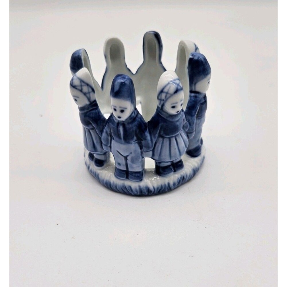 Hand Painted Delft Blue Dutch Children Holding Hands In A Circle Candle Holder